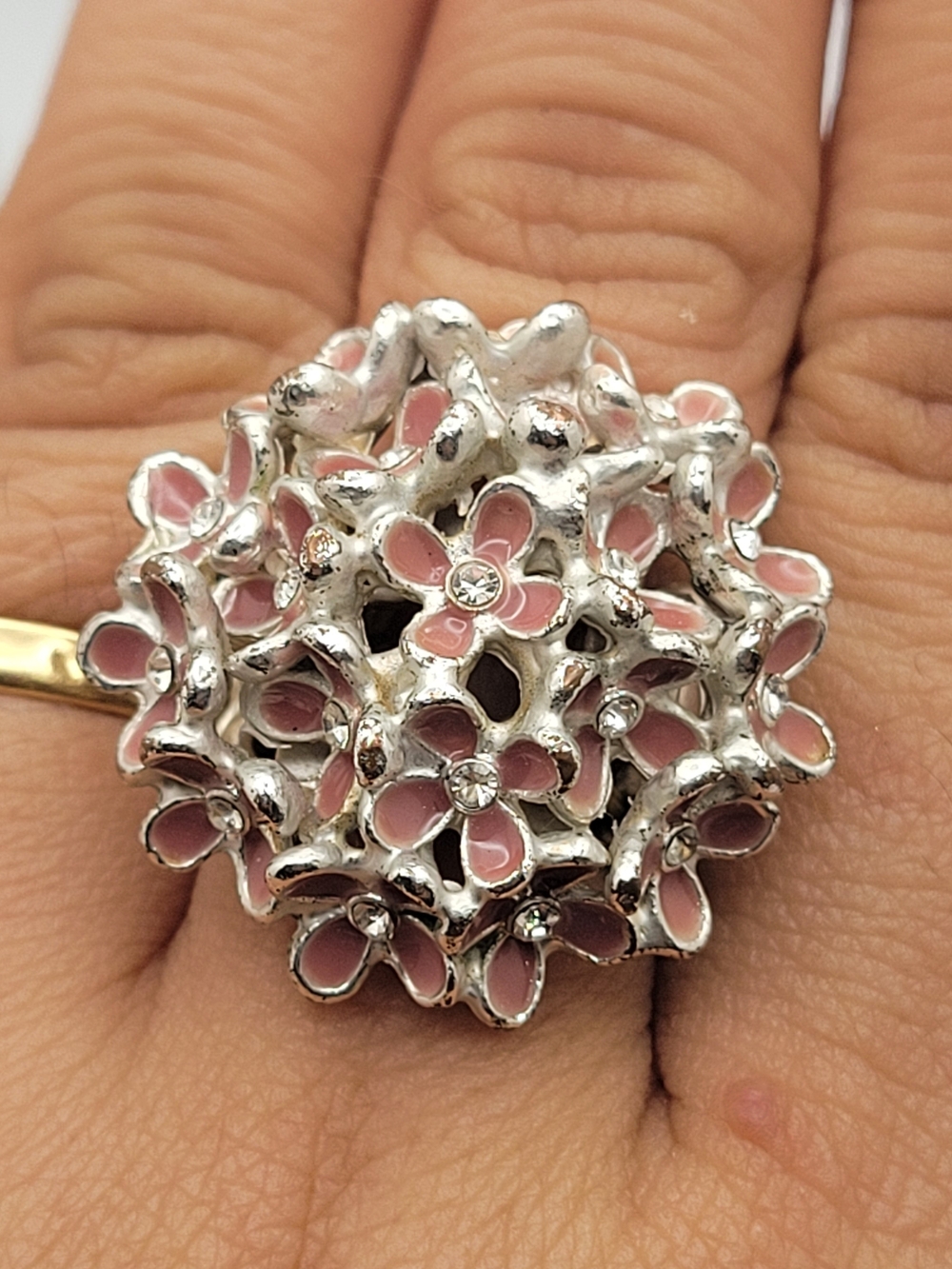 Silver Floral Cluster Ring with Pink Enamel and Crystal Accents Stretchy Ring